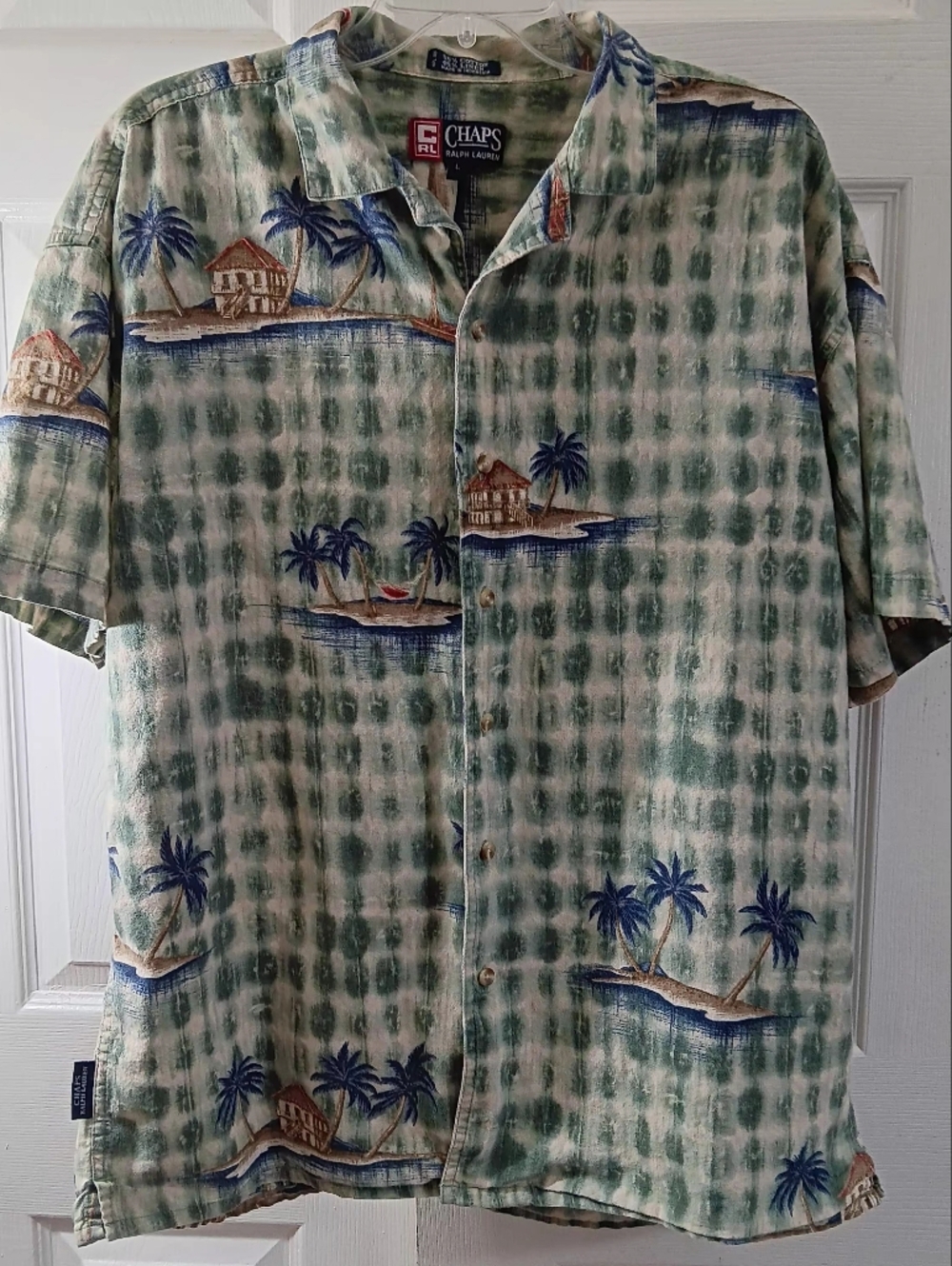Vintage Ralph Lauren Hawaiian Shirt Mens Large Green Floral Linen Blend Chaps RL